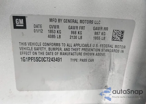 2012 Chevrolet Cruze 1Lt from USA, damaged, VIN 1G1PF5SC0C7243491